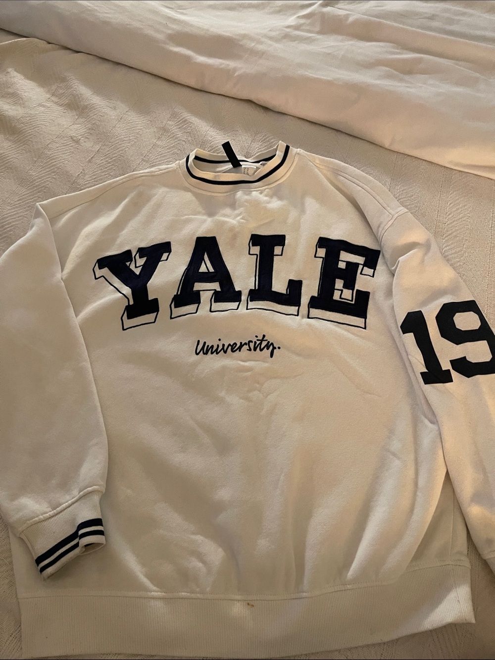 Divided Cream Crewneck Sweatshirt with Navy Yale Lettering